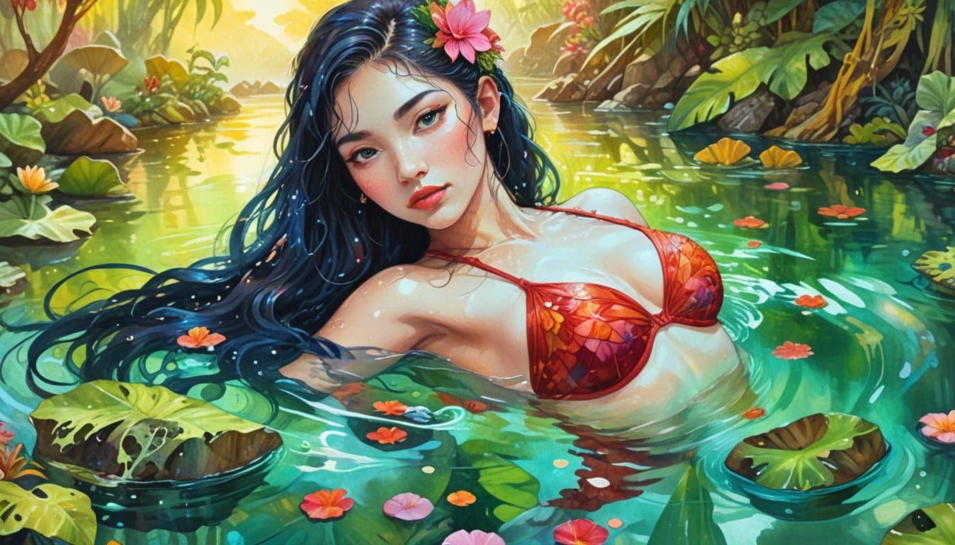 Hawaiian Hula Dancer in Lagoon, Watercolor and Oil Painting