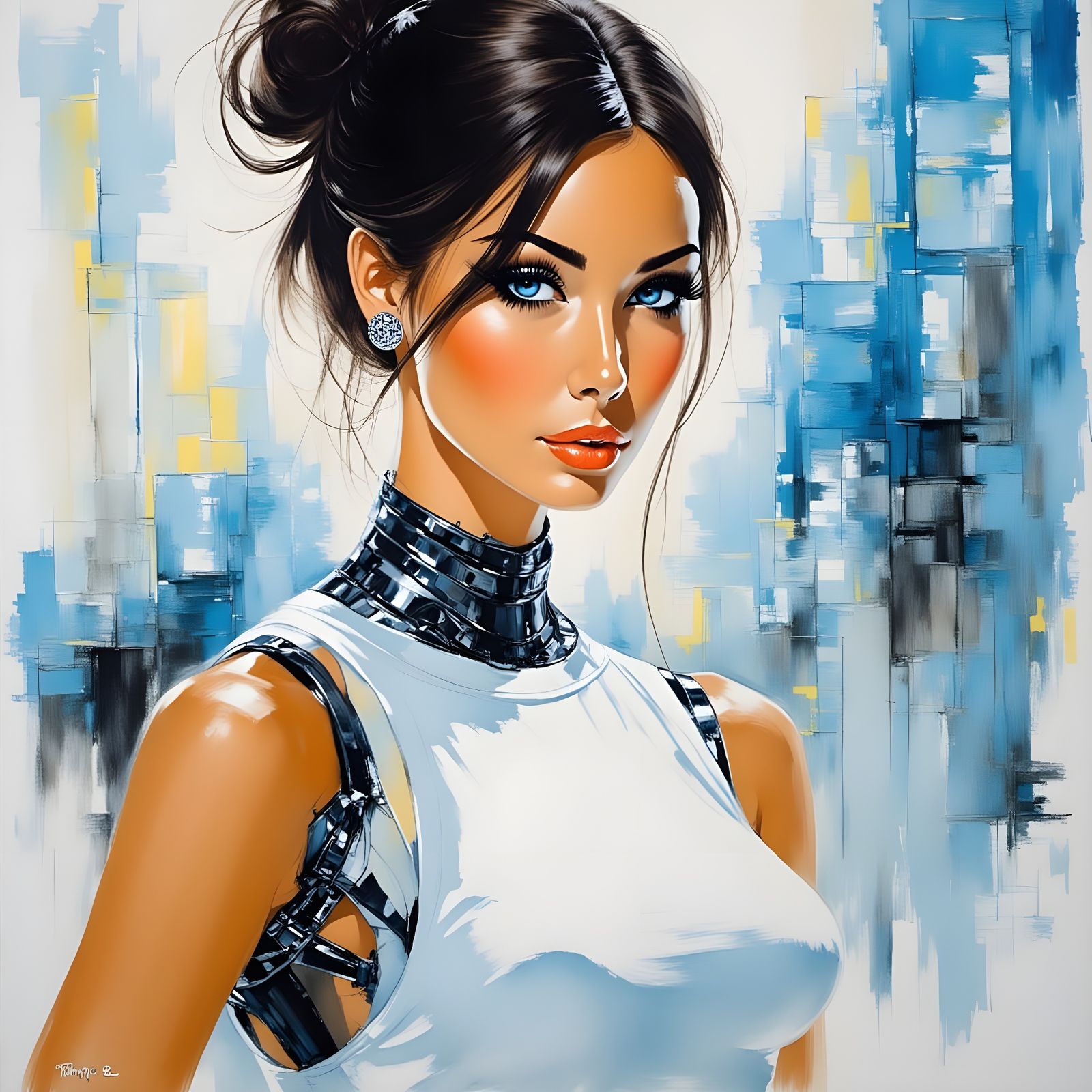 Cybernetic Woman in Abstract Watercolor Sci-Fi Scene