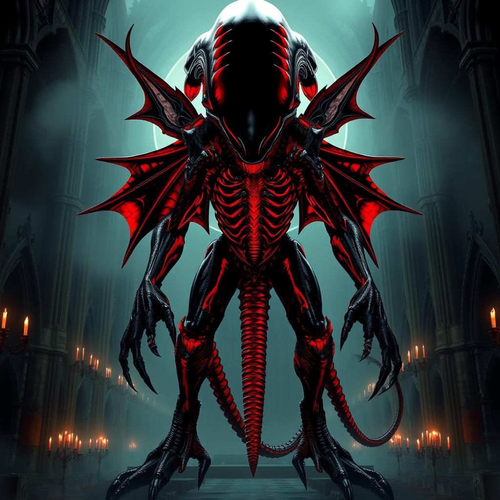 Xenomorph in Gothic Cathedral, Biomechanical Horror Art