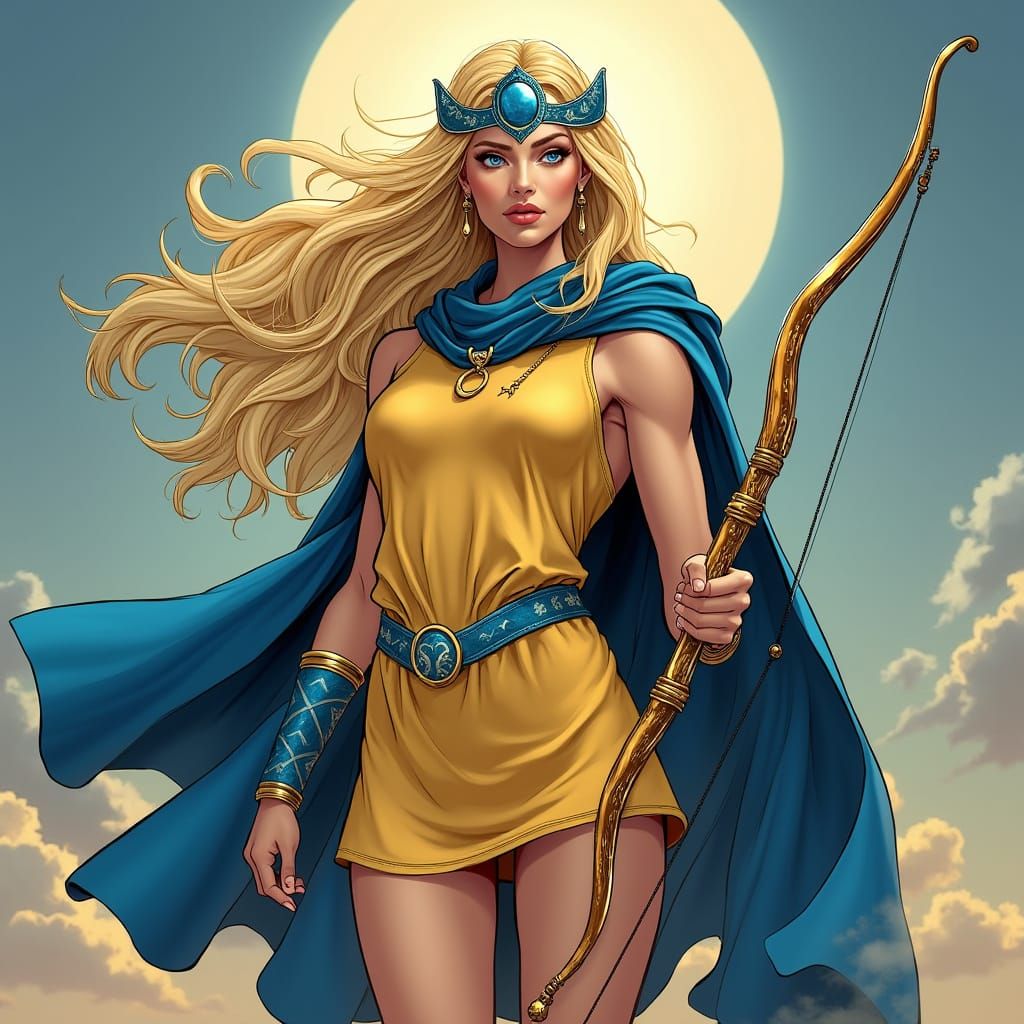 Greek Goddess in Regal Blue Attire, Holding Golden Bow and Q...