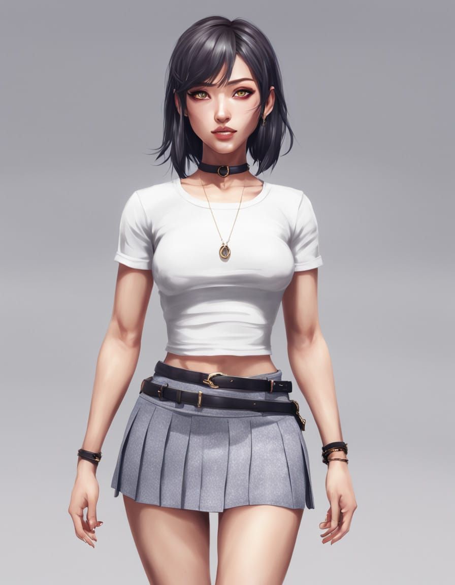 Beautiful 3D Anime-Inspired Woman in Fitted T-Shirt and Plea...