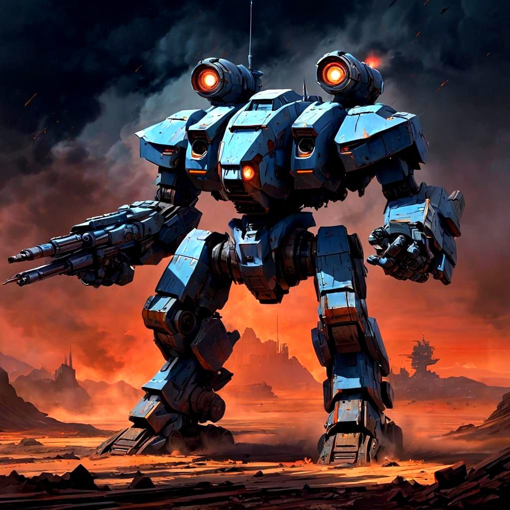 Colossal Mecha Charges Across Crimson Landscape