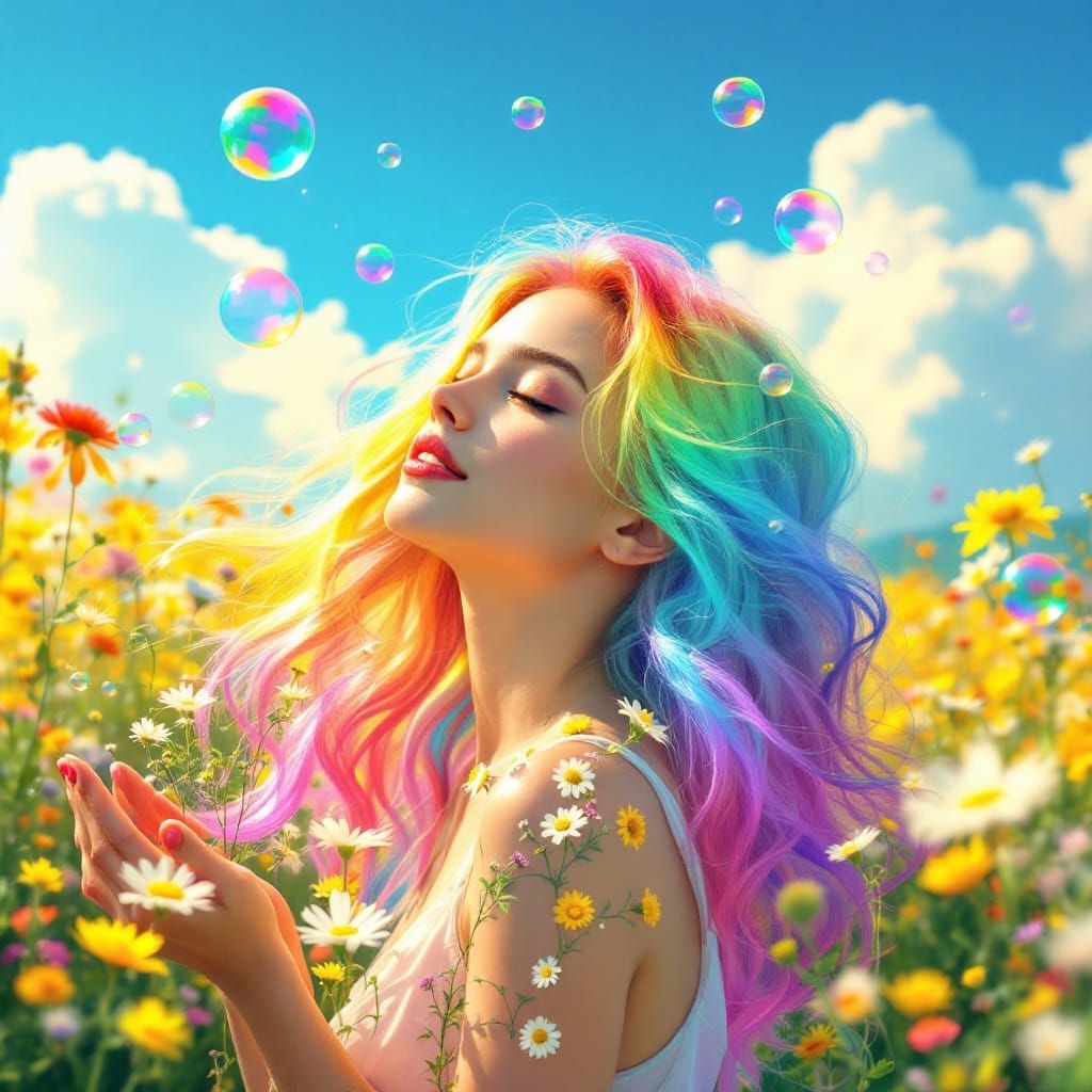 Whimsical Woman in Vibrant Nature Scene with Rainbow Hair an...