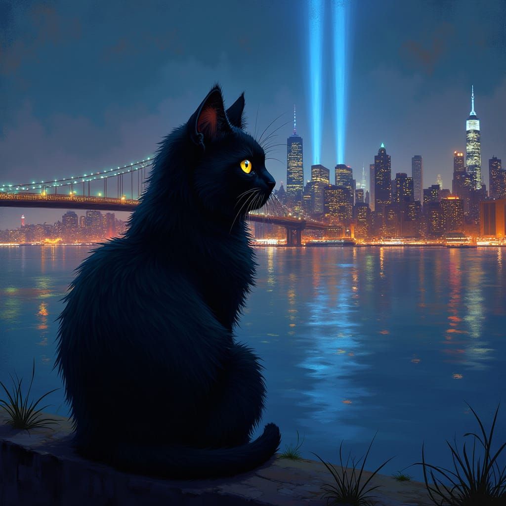 Sad Cat Overlooking NYC Skyline at Night