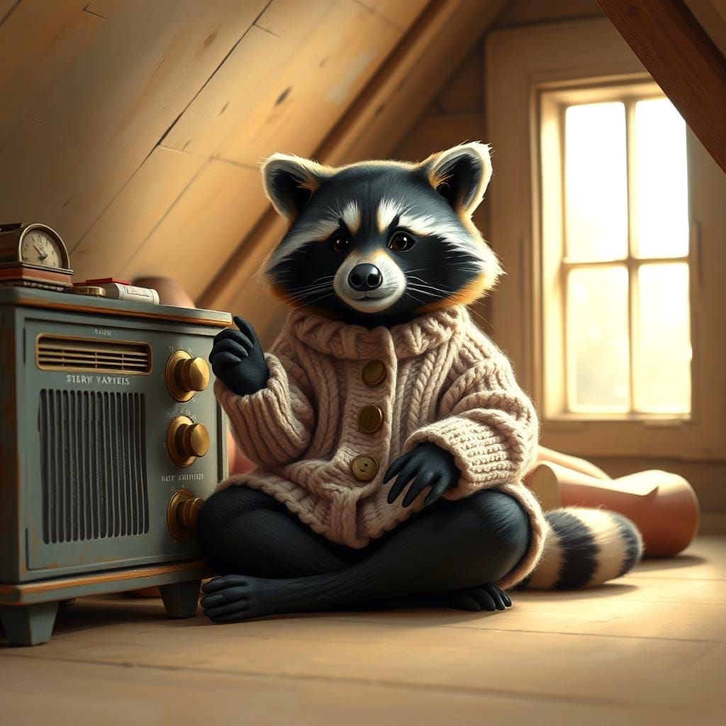 Raccoon in Sweater Tuning Radio: Oil Painting