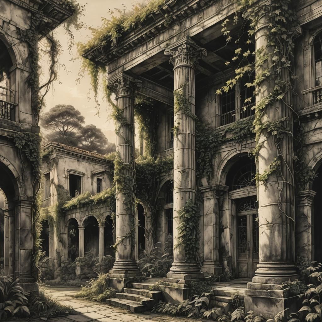 Derelict Villa in Charcoal Drawing Style