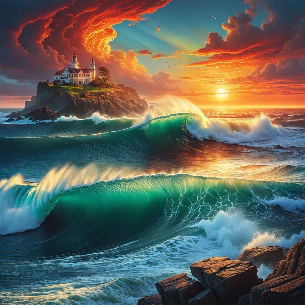 Exquisite Sunset Waves: Psychedelic Holographic Art