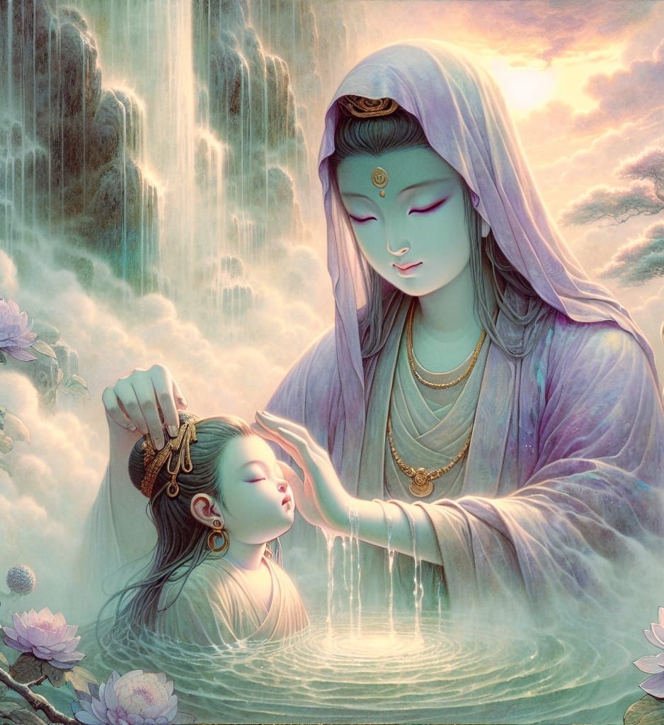 Quan Yin Baptizing a Child: Ukiyo-e Watercolor