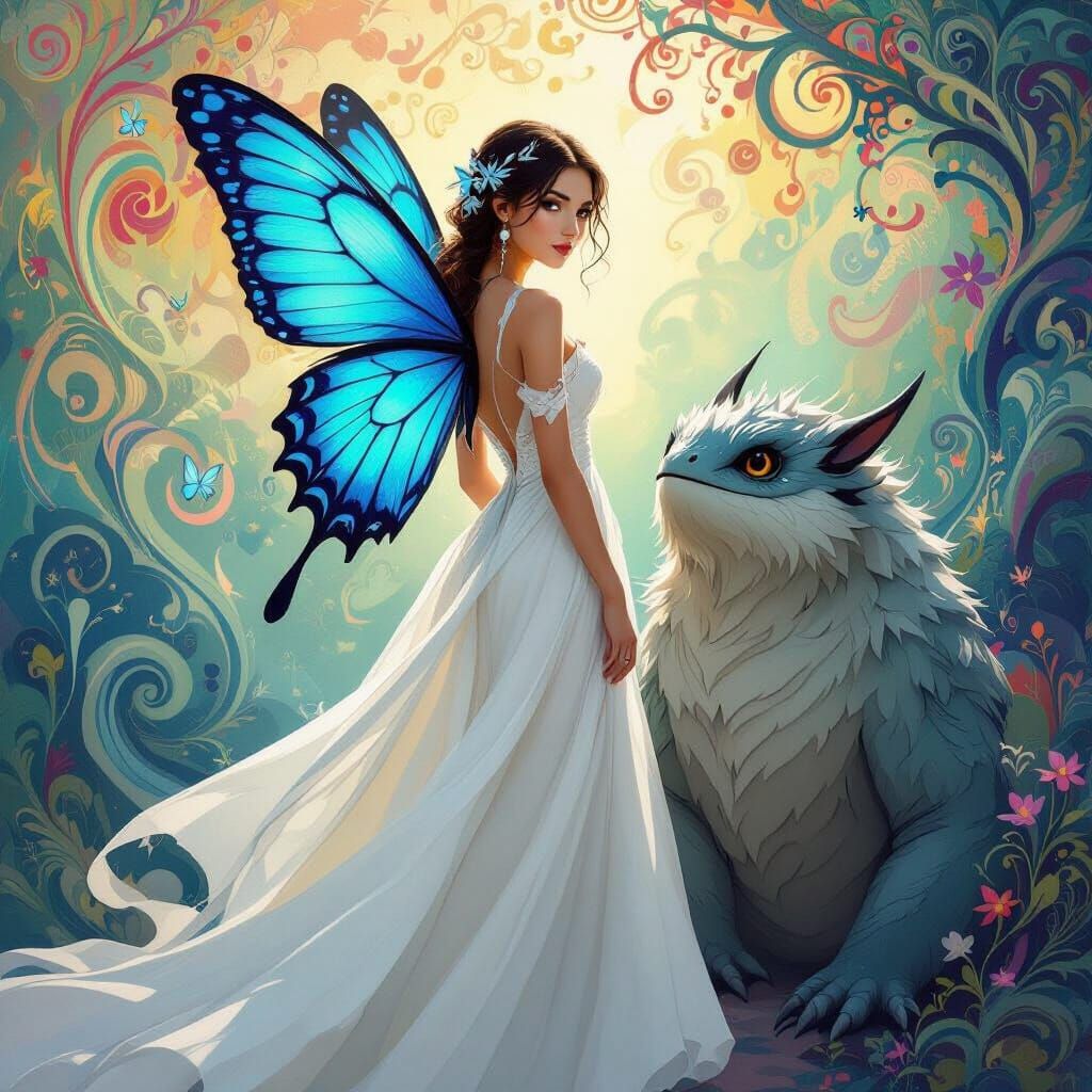 Woman with Butterfly Wings Beside Gentle Monster