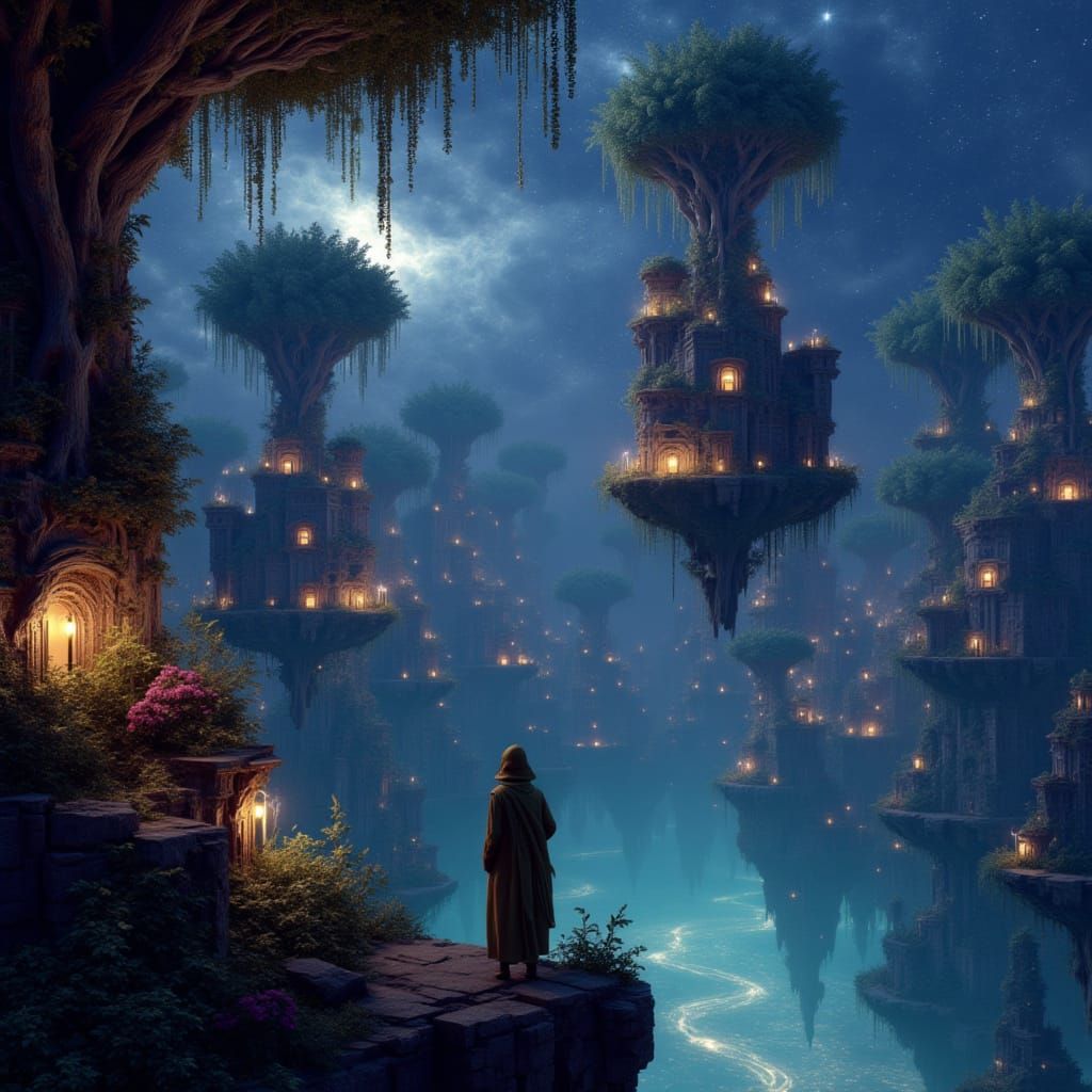 Lush Floating Garden Kingdom in Deep Space