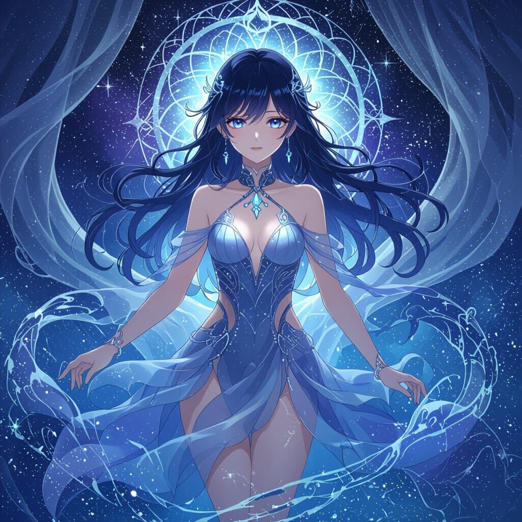 Anime Pisces Zodiac Goddess in Cosmic Blues