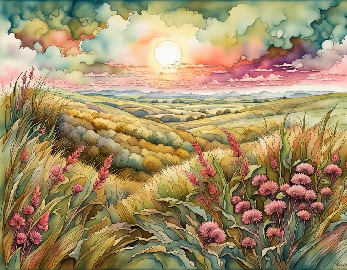 Ink & watercolor illustration : tall grass prairie : sage green,  brown,  darkish  rose pink coral color : bnacklit by r...