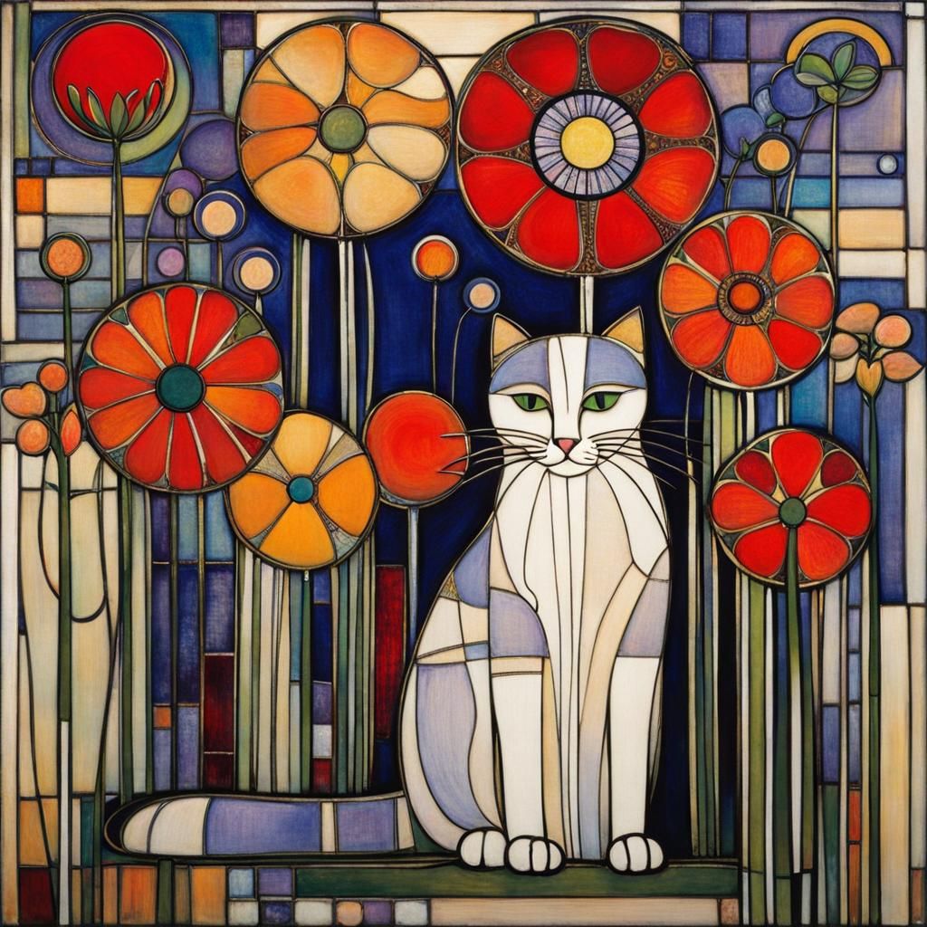 Cute Cat Surrounded by Flowers in Art Nouveau Style