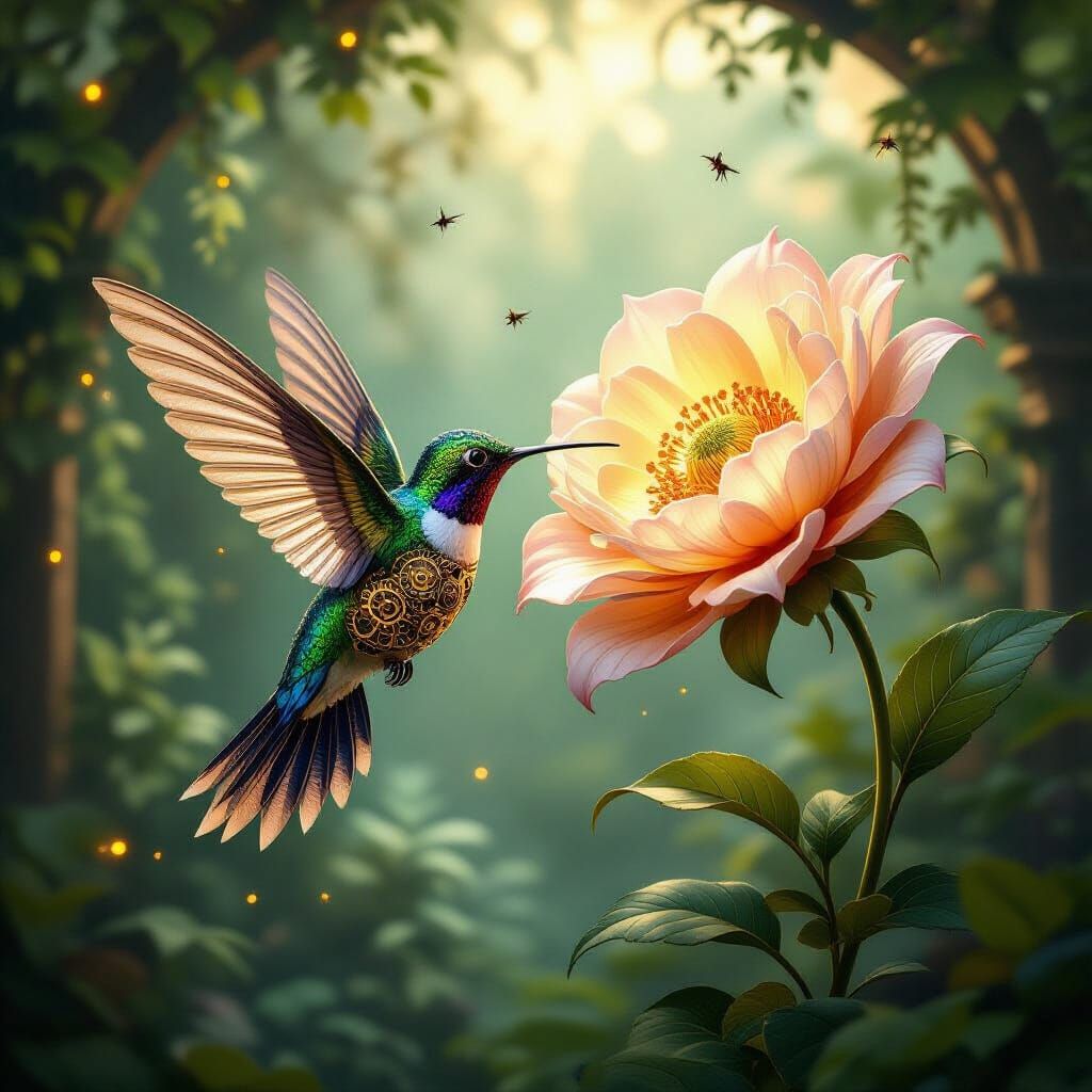 Steampunk Hummingbird with Bioluminescent Bloom