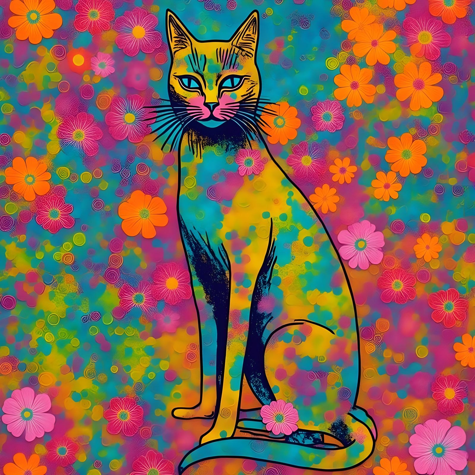 1960s Style Cat Gelliprint Illustration