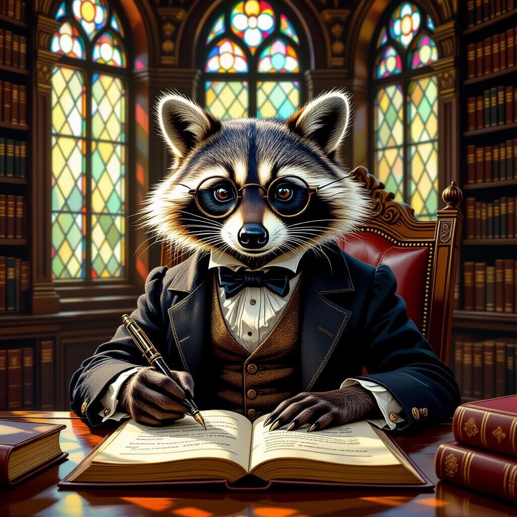 Raccoon Scholar in Victorian Library, Classic Painting Style