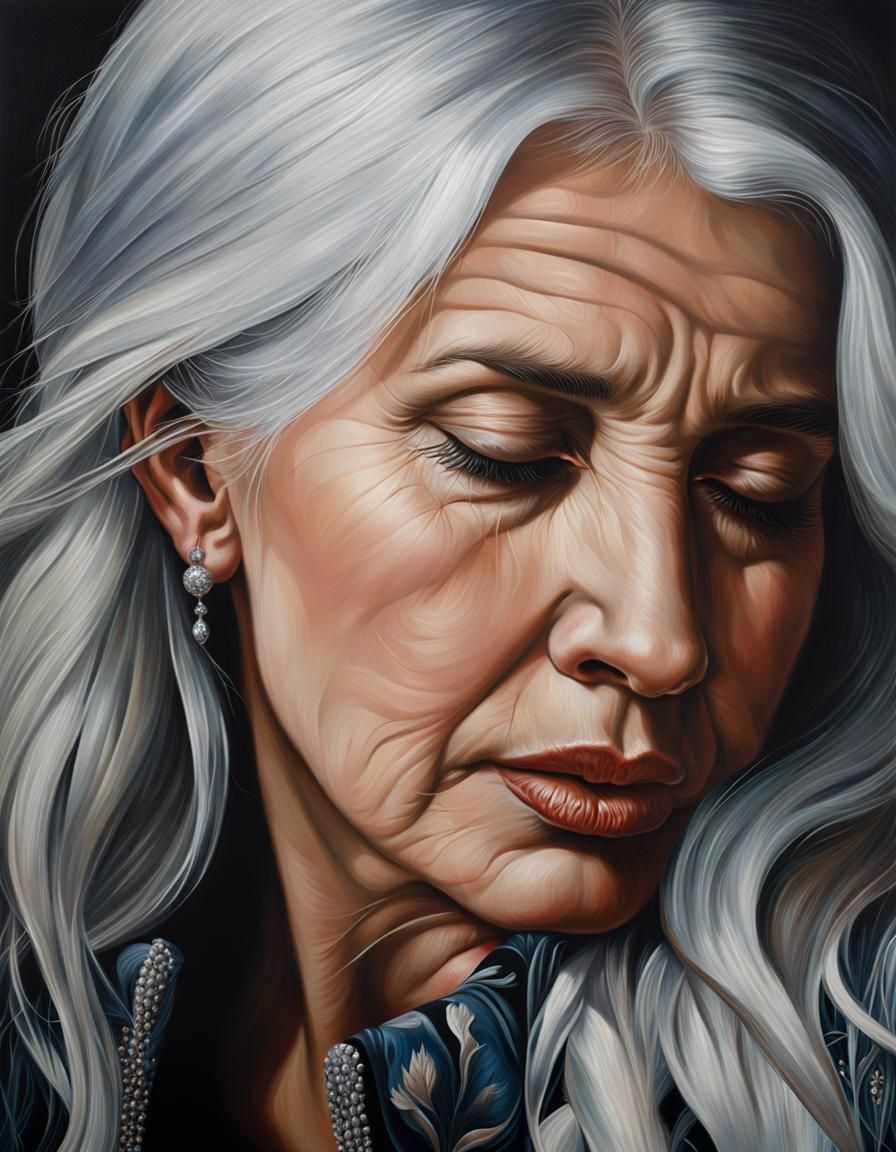 Silver-Haired Woman's Migraine: Photorealistic Neo-Romantic ...