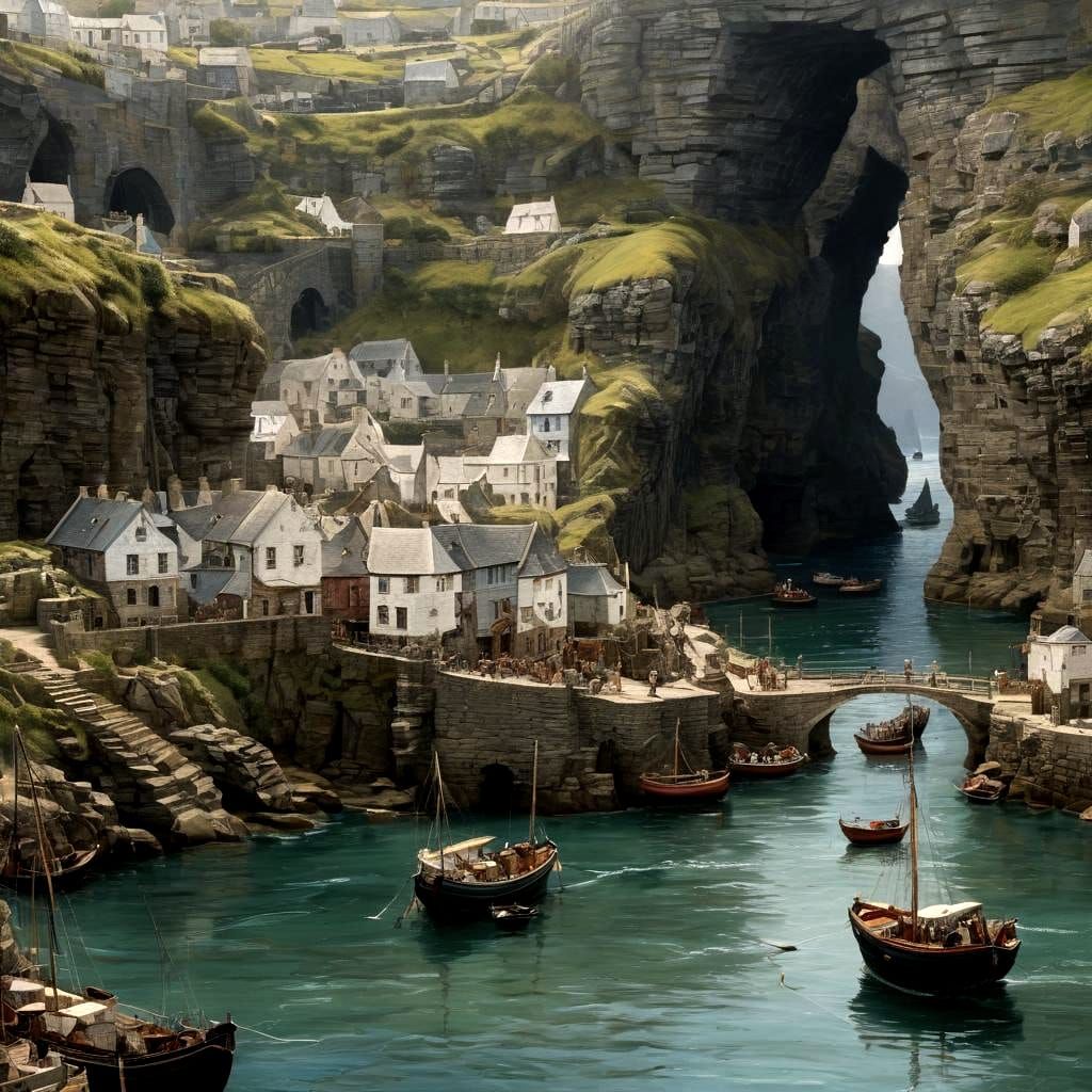 Thriving Port City of Dintagel: Arthurian Britain Painting