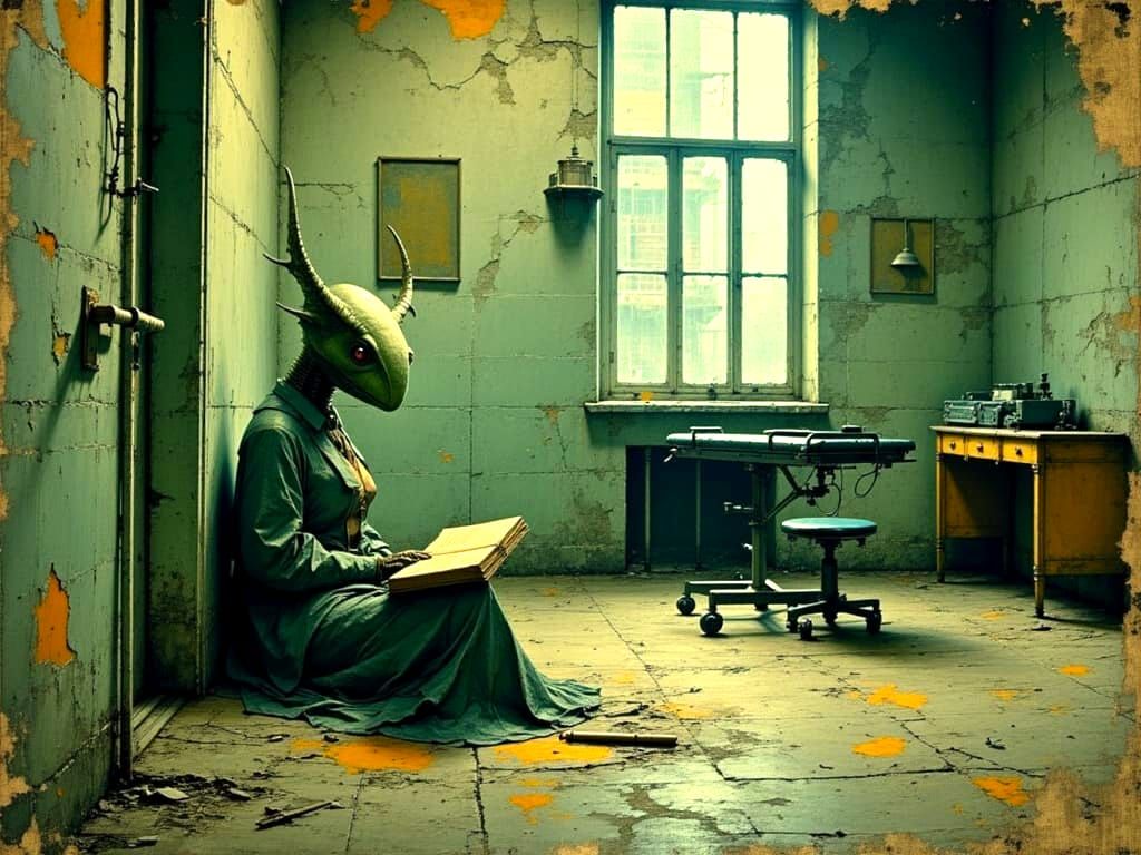 Surreal Creature Reads in Abandoned Surgical Room