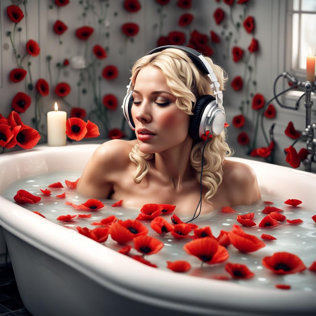 Relaxing Blonde Bombshell in Poppy Bath, Hyperrealistic