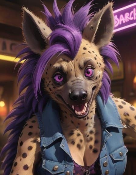 Gritty Furry Hyena in Neon-Lit Dive-Bar