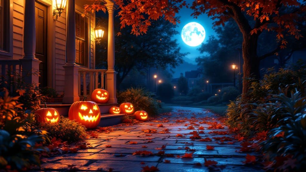 Glowing Jack-o'-Lanterns on a Suburban Porch
