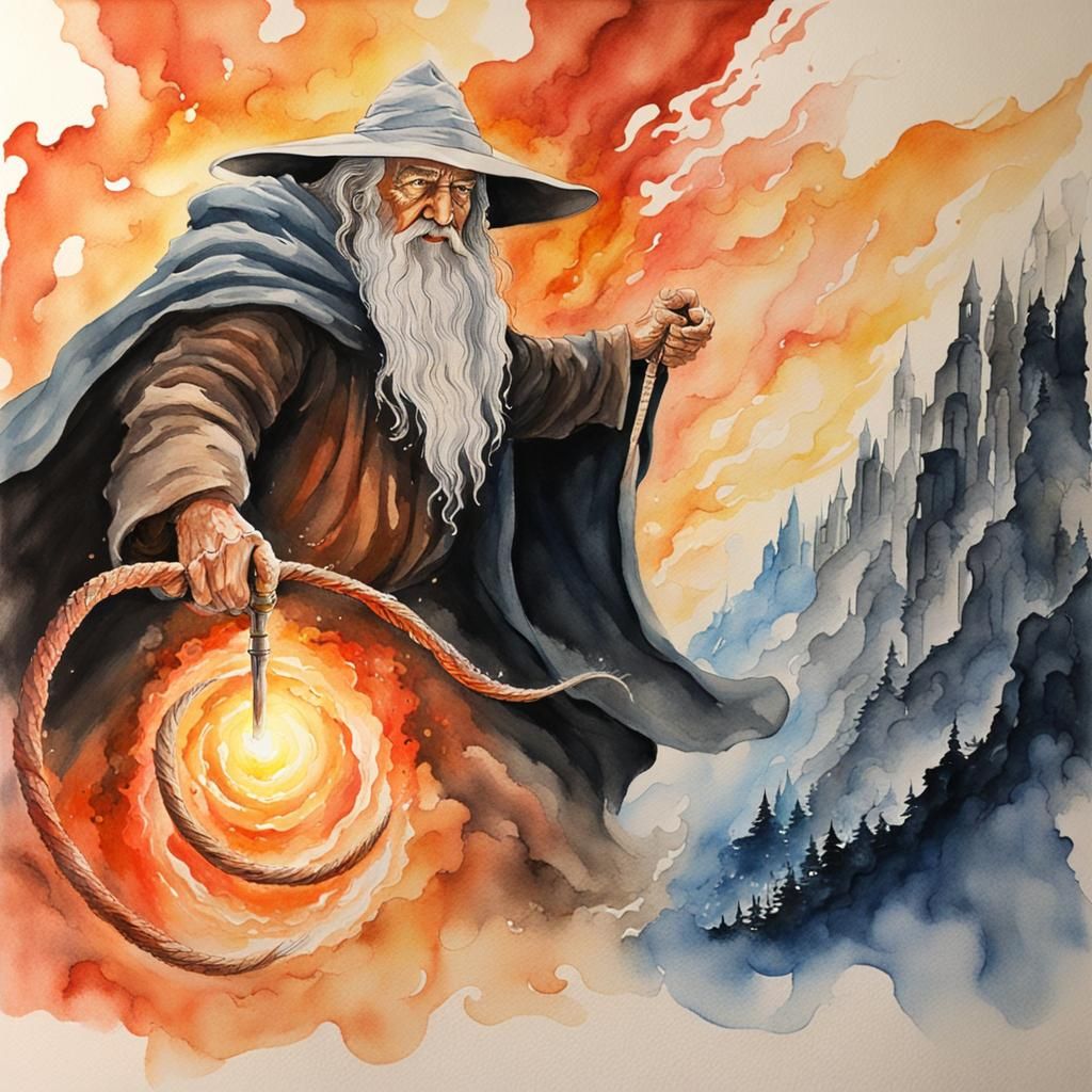 Gandalf and Balrog in Abstract Watercolor Art