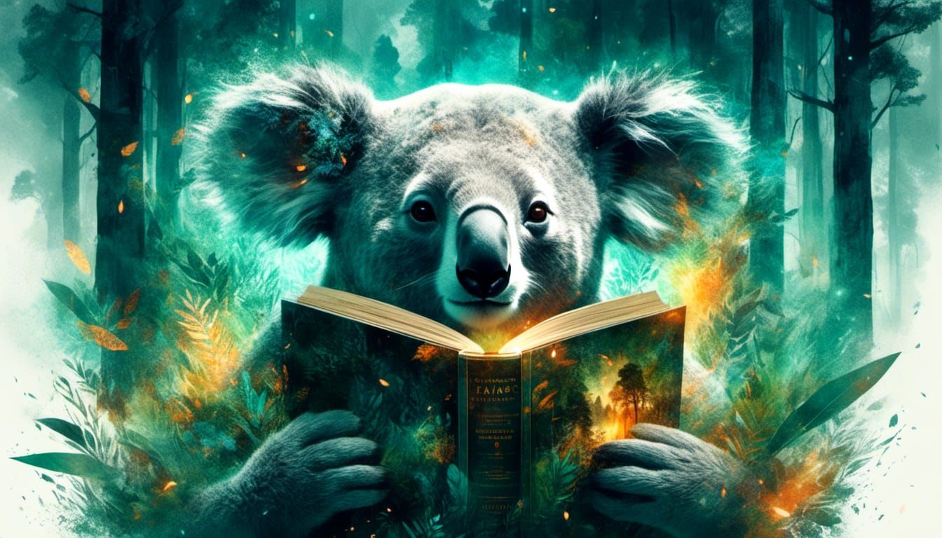 <lora:Echoes of Elsewhere:1.0> <lora:Endless Melody:1.0> impressive and wonderful koala holding a book
