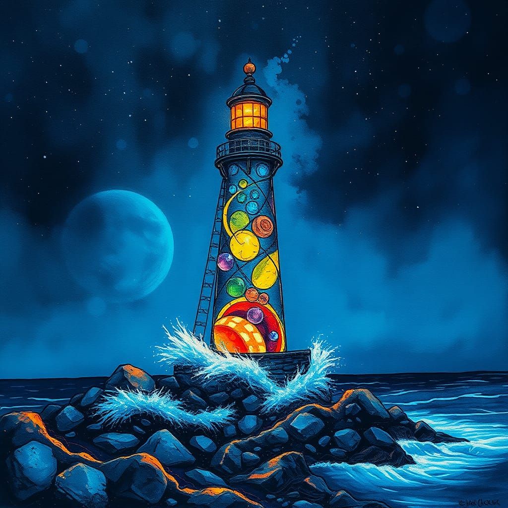 Glowing Lighthouse in Golden Age Illustration Style