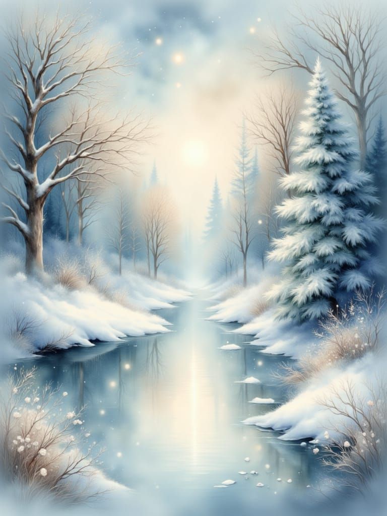Dreamlike Winter Wonderland in Soft Pastel Watercolor