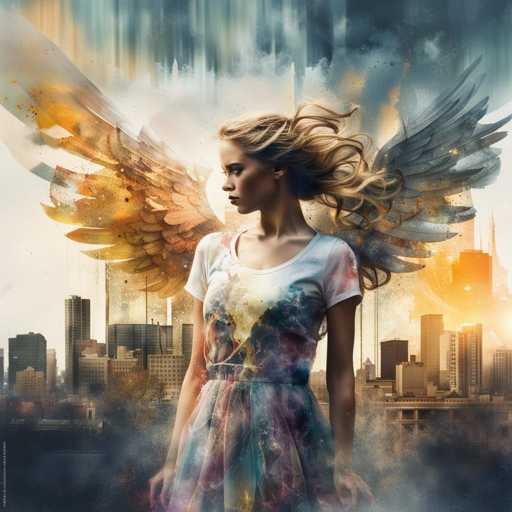 Fallen Angel in Cityscape with Oil Splashes