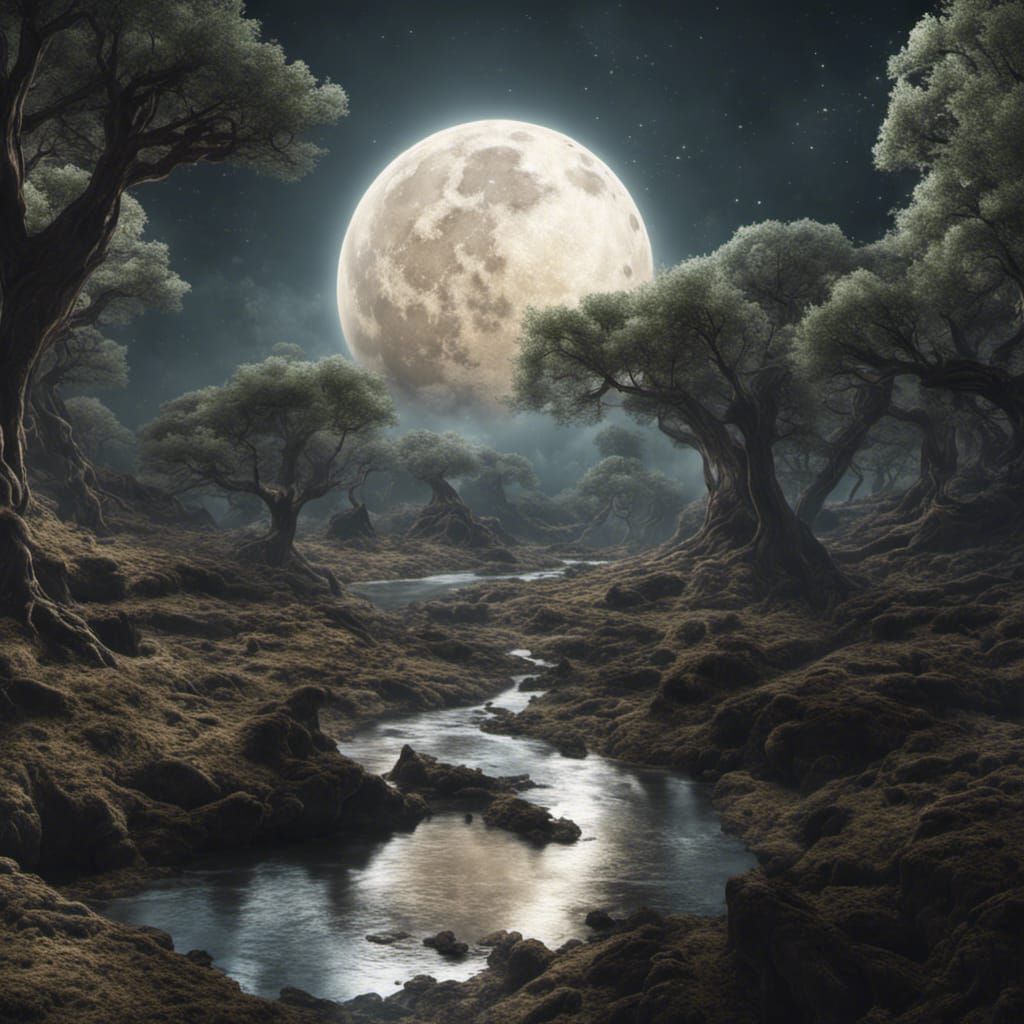 Macro Moonscape: River and Trees on Lunar Surface