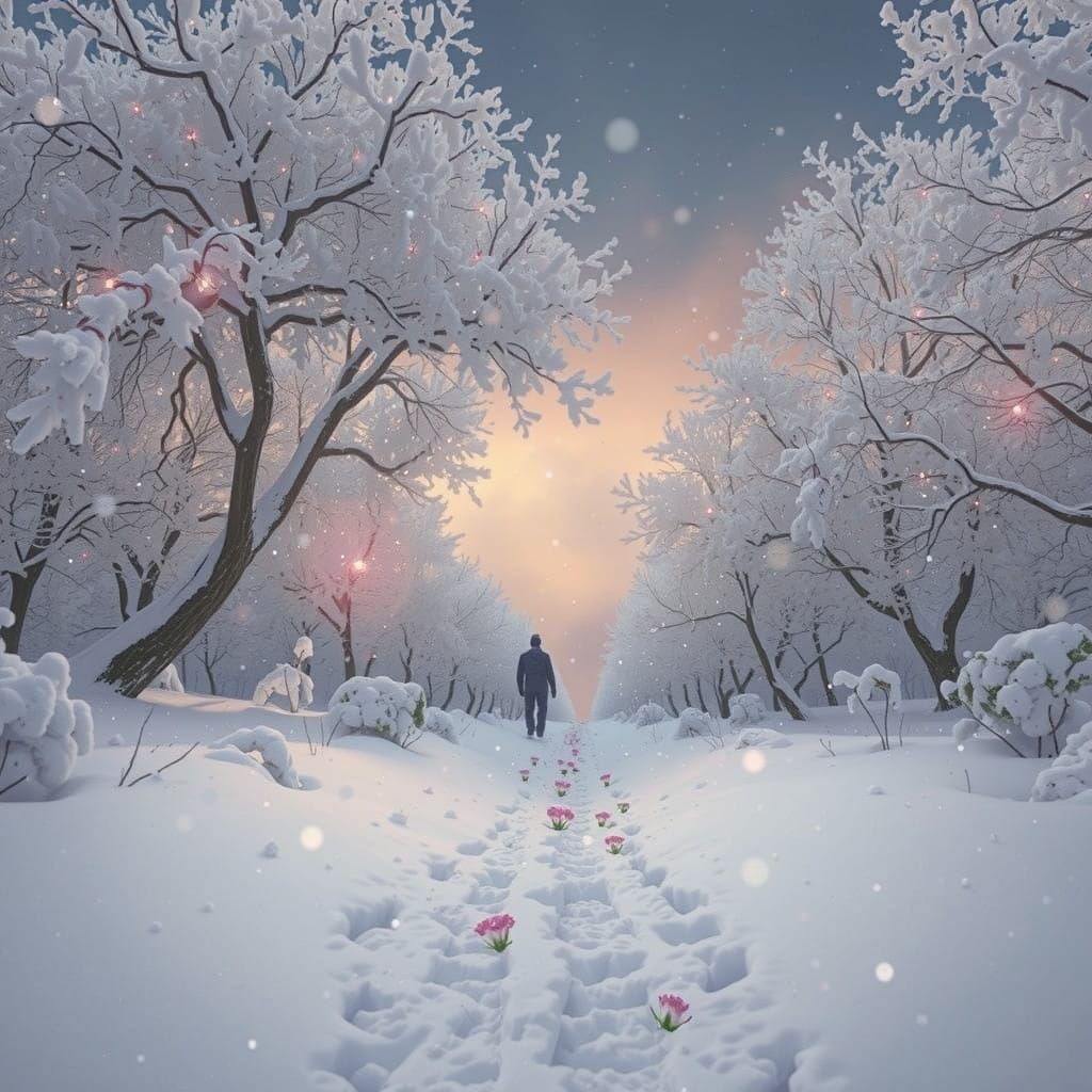 Hyperrealistic Snow Landscape with Blooming Flowers and Spar...