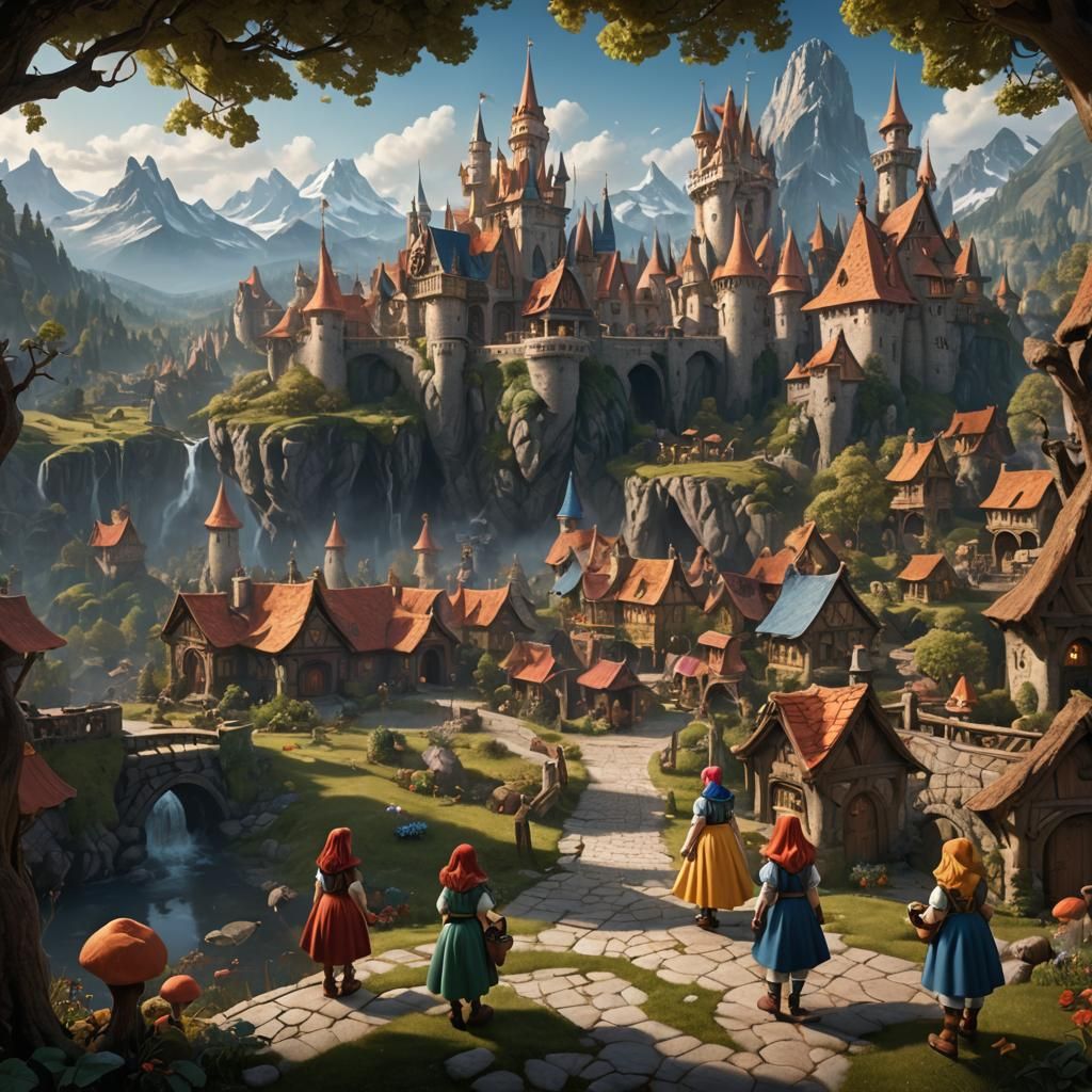 Young Girl and Seven Dwarfs: Fantasy Concept Art
