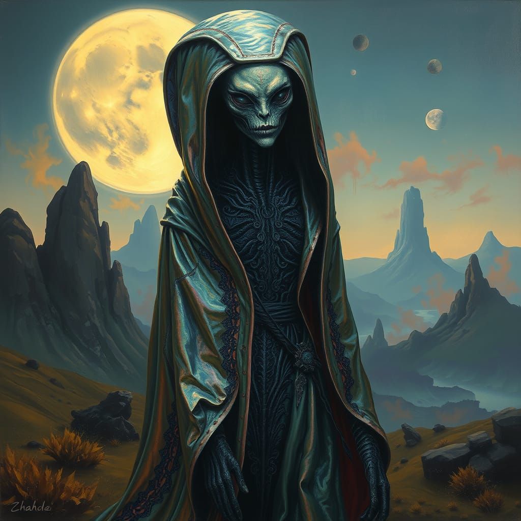 Alien Woman in Mystical Landscape as Oil Painting