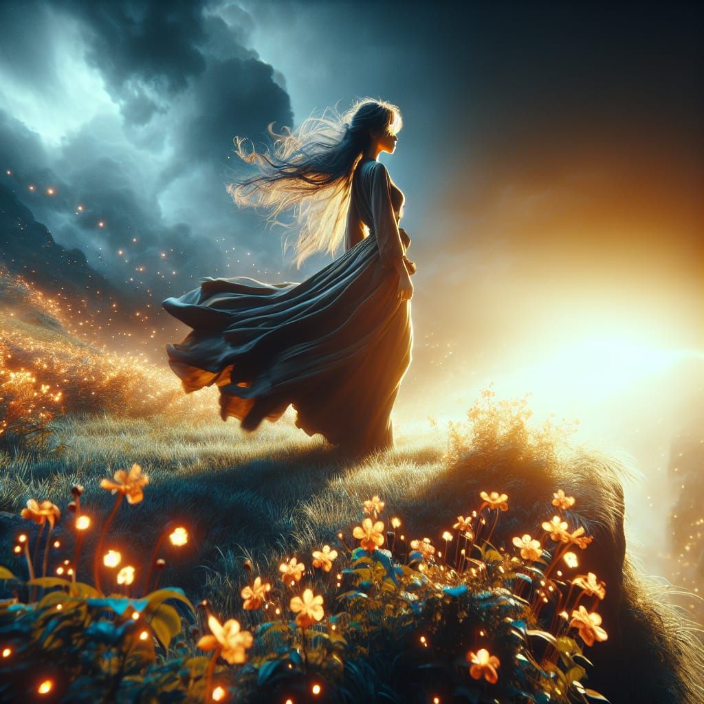 Woman on Cliff Edge in Film Noir Style