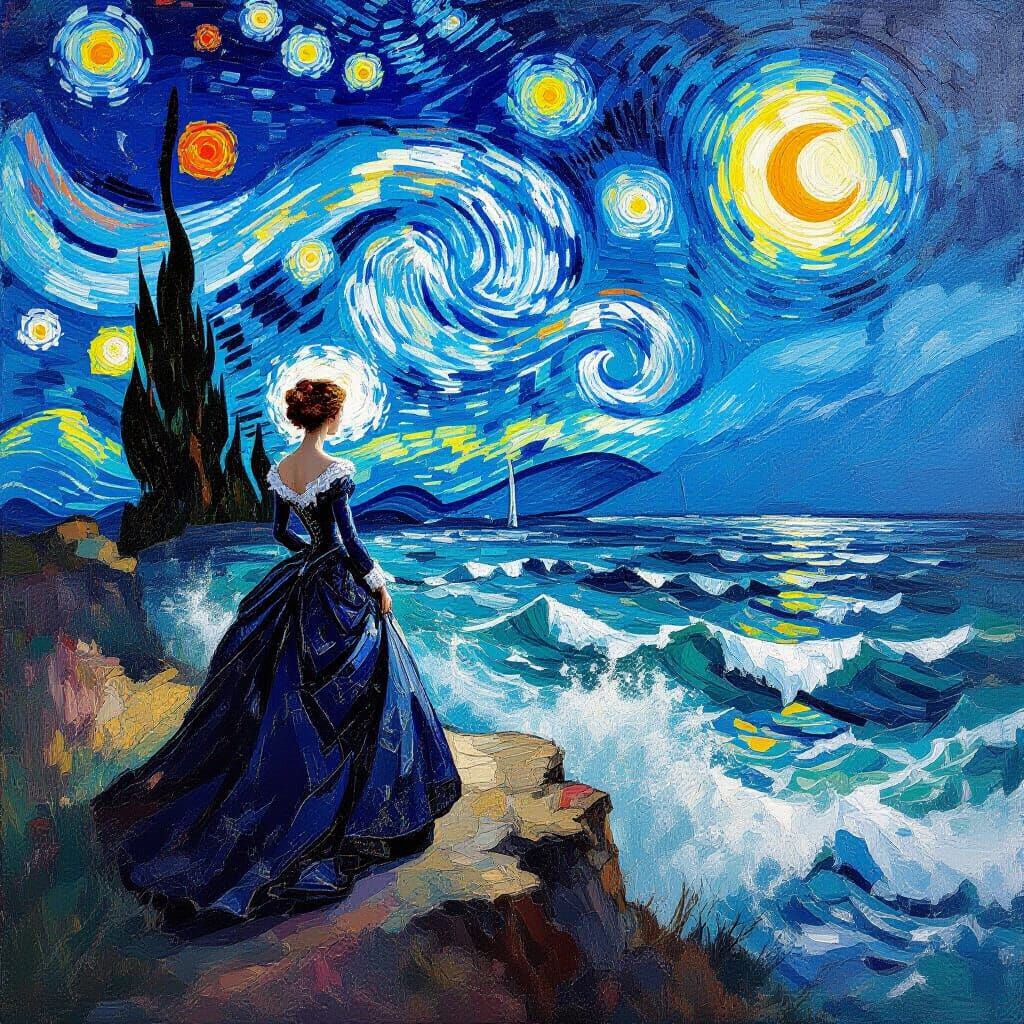 Woman on Cliff Overlooking Surreal Cosmic Sea in Impasto Sty...