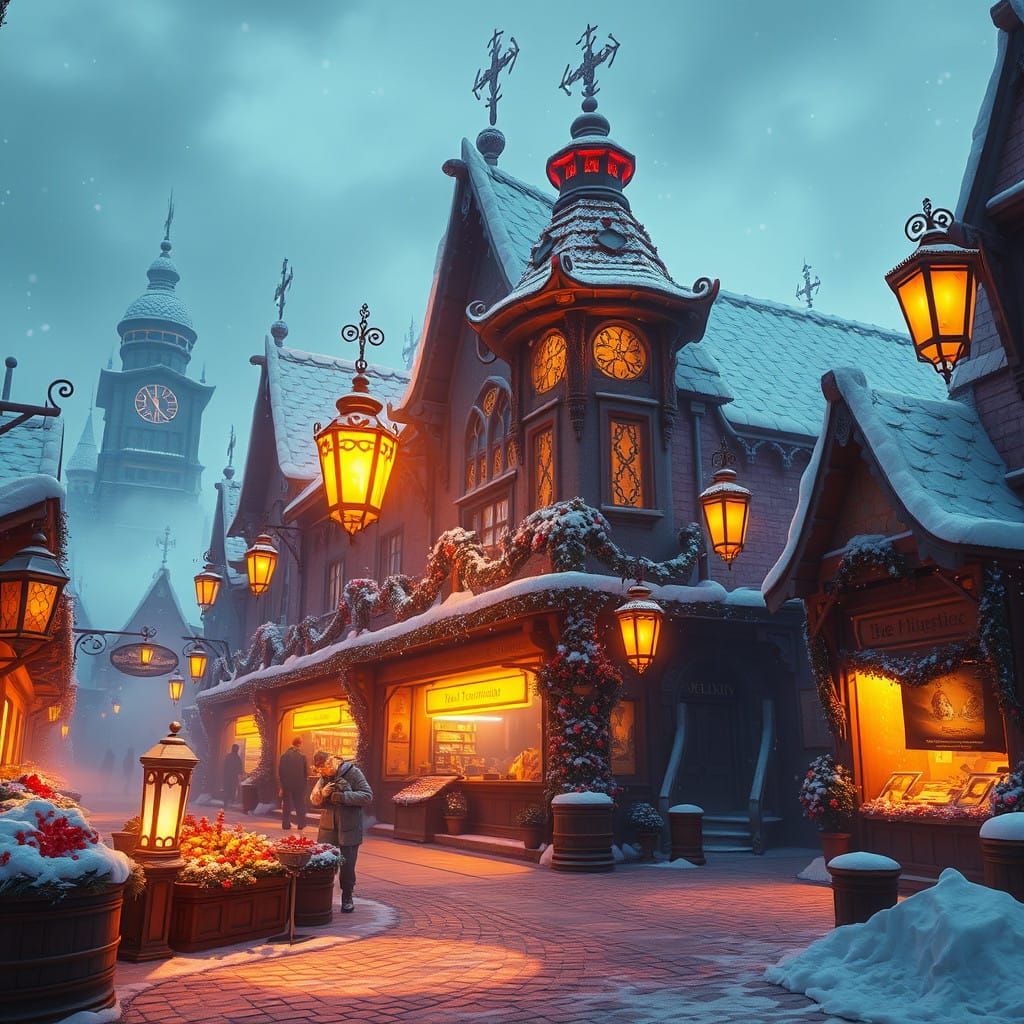 Boxing Day Market Square in Vibrant, Snow-Dusted Fantasy