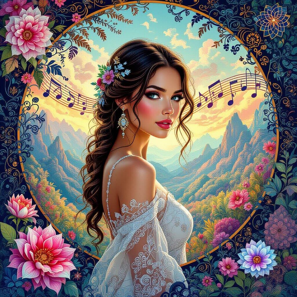 Captivating Woman in Surreal Zentangle Fractal Dreamscape