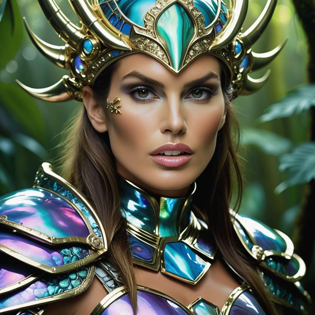 Iridescent Warrior Portrait in Jungle Setting