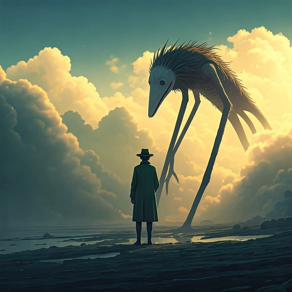 Man and Creature in Burton Style Fantasy Scene