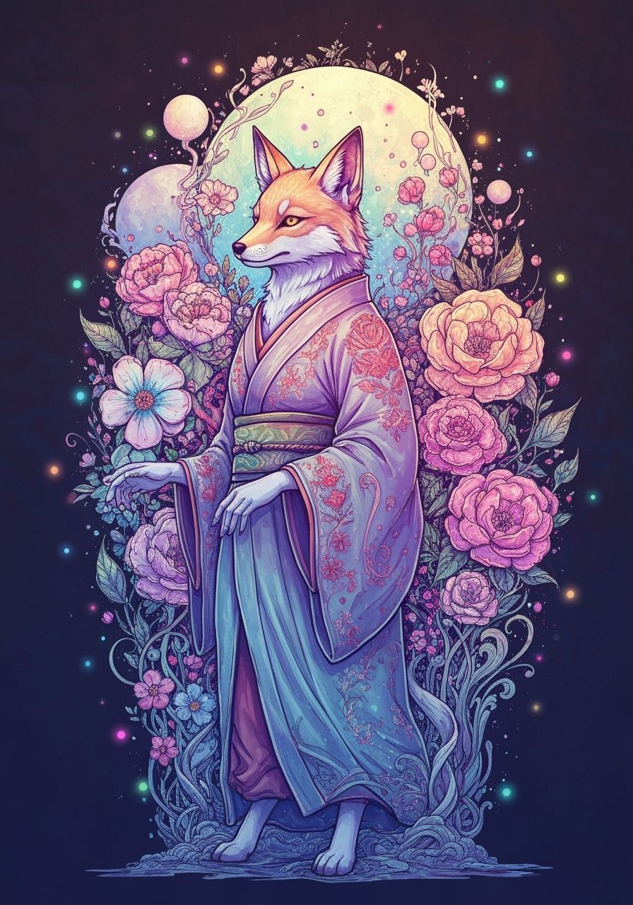 Ethereal Fox Spirit in Ornate Watercolor and Ink