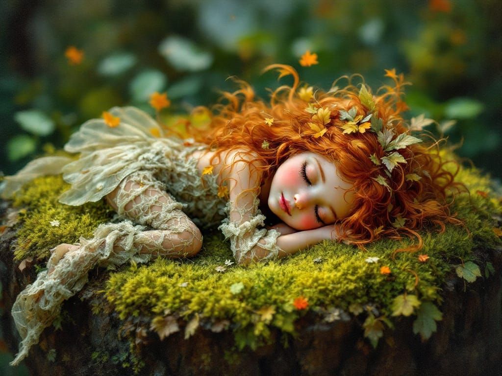 Impressionist Fairy Sleeping in Mossy Glade