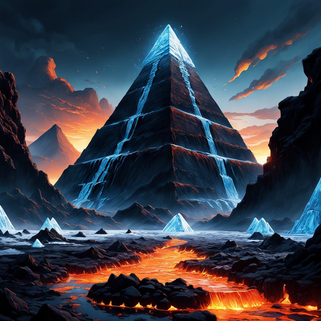 Ice Pyramid Melts in Lava River, Comic Book Art