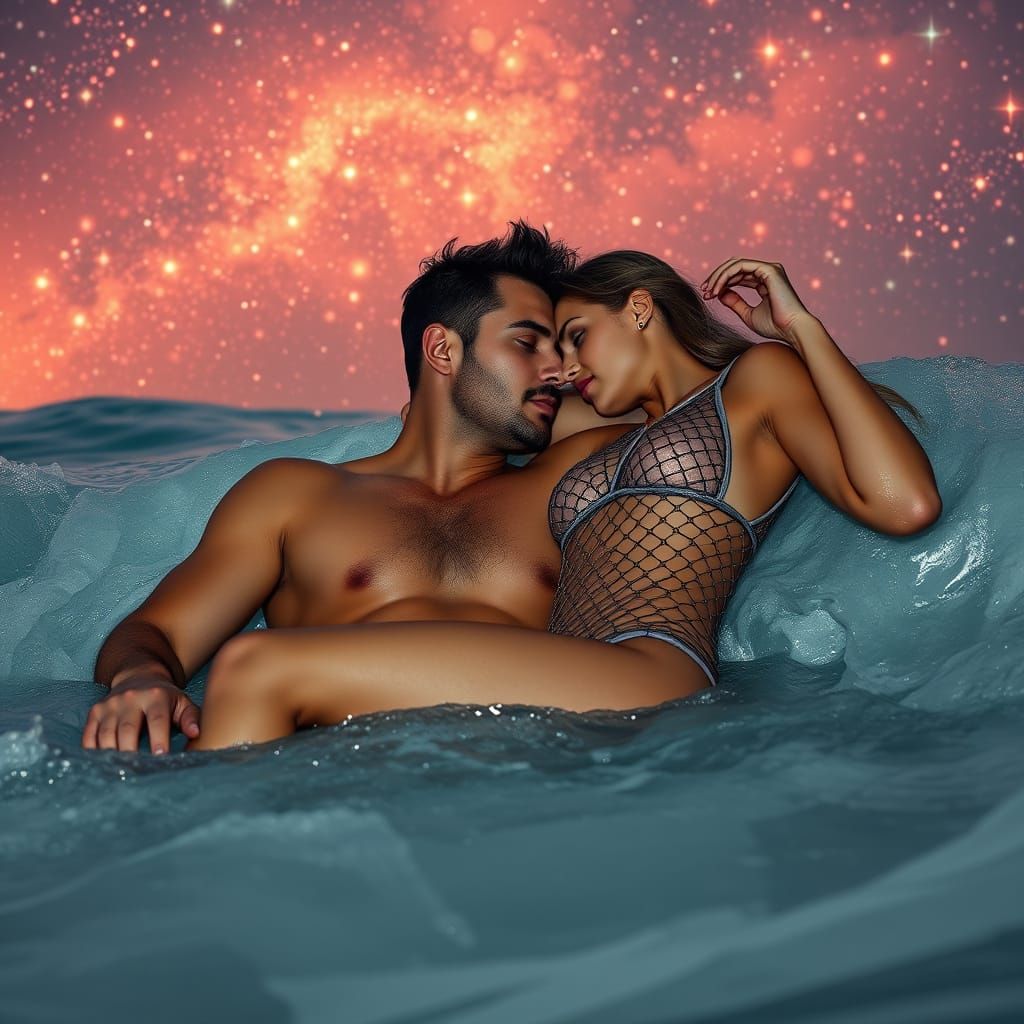 Young Couple in Romantic Oceanic Embrace, Hyperrealistic Art