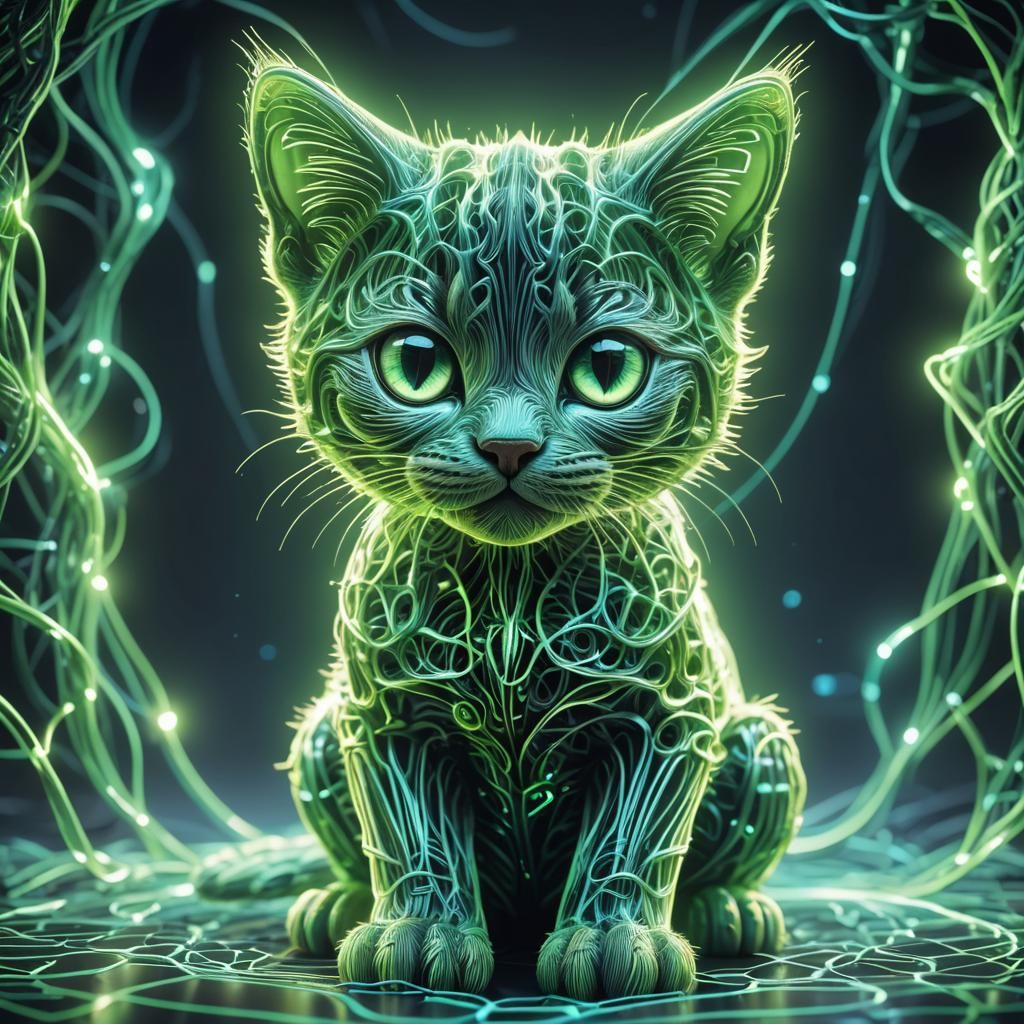 Glowing Neon Wireframe Kitten in 3D
