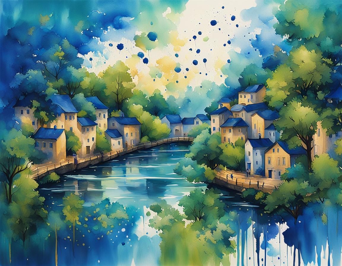 Blue Ink Splatter Riverside Town: Art Nouveau