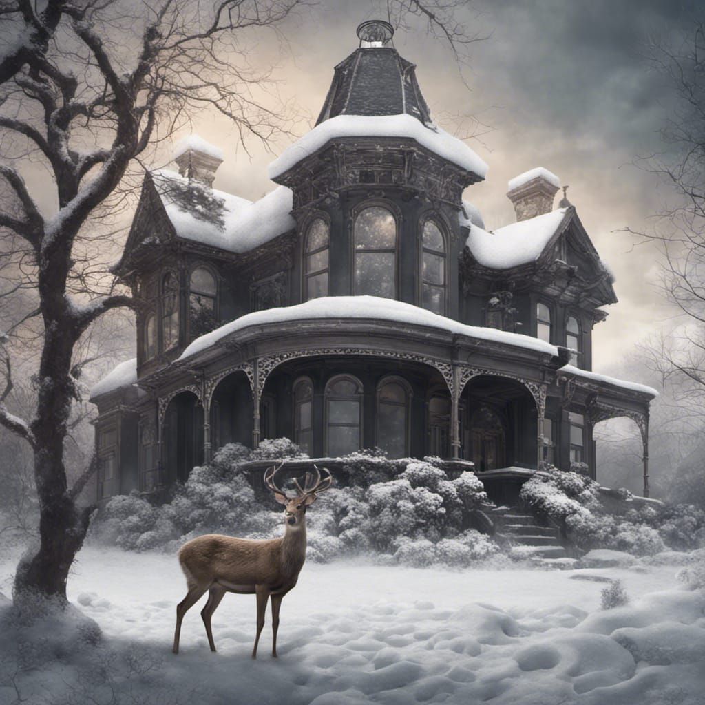 Deer in Snowy Scene with Victorian House