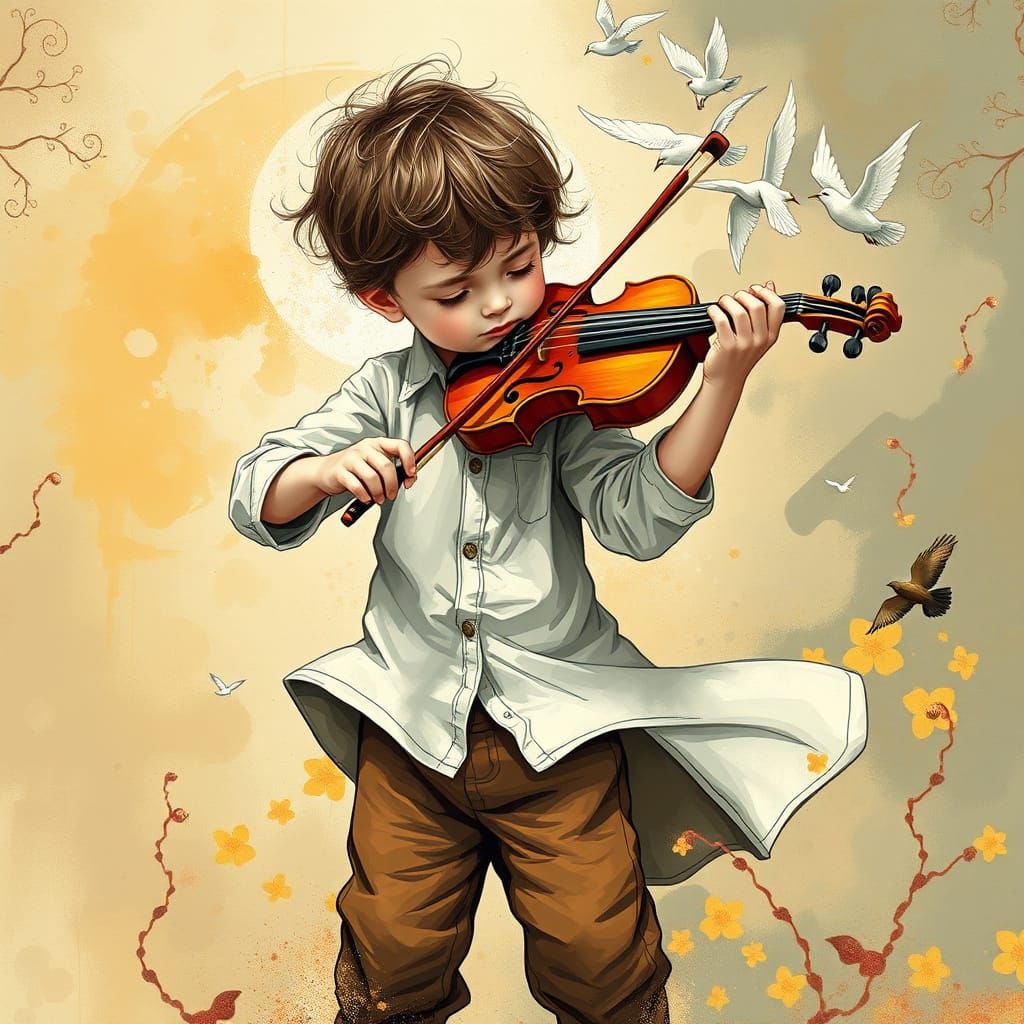 Child Violinist with Birds, Contemporary Art Style