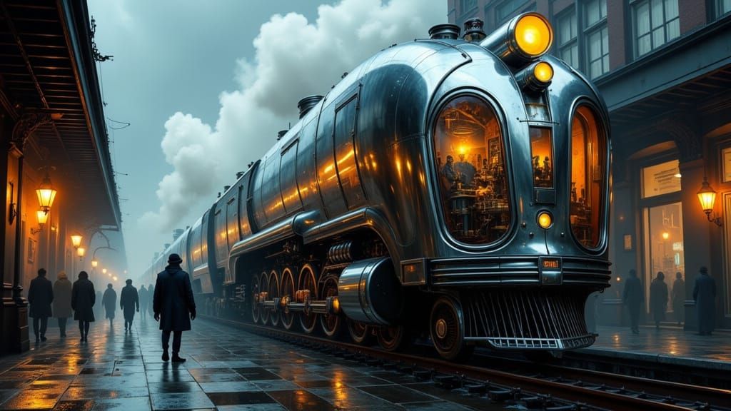 Futuristic Art Deco Steam Train on Damp Platform